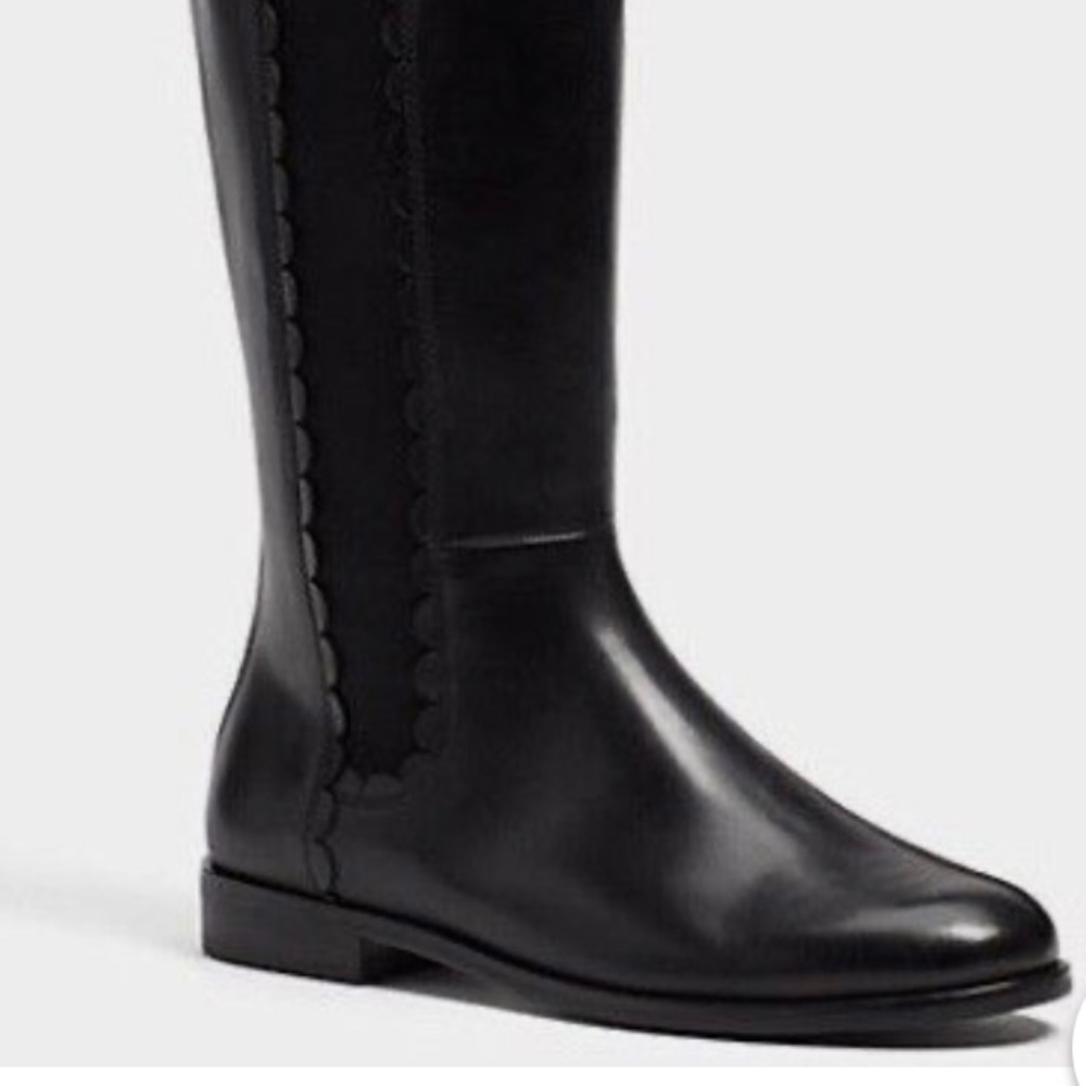 NEW  Kate Spade 9M Rayna Black Leather Knee-High Riding Boots Scallop Detail